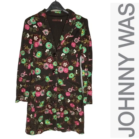 Johnny Was Chocolate Brown Floral Embroidered Blazer - Picture 3 of 6